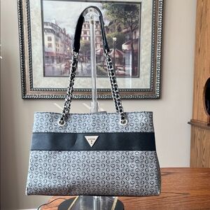 Vintage Guess Monogrammed Gray and Black Tote with Monogrammed fabric inside